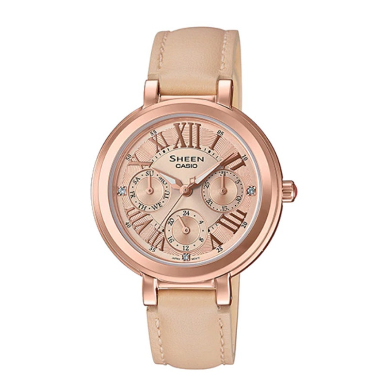 Montre CASIO Femme - Bracelet Marron En Cuir Véritable -Résistante à l'eau - 12 Mois De Garantie - SHE-3034GL-9AUDF