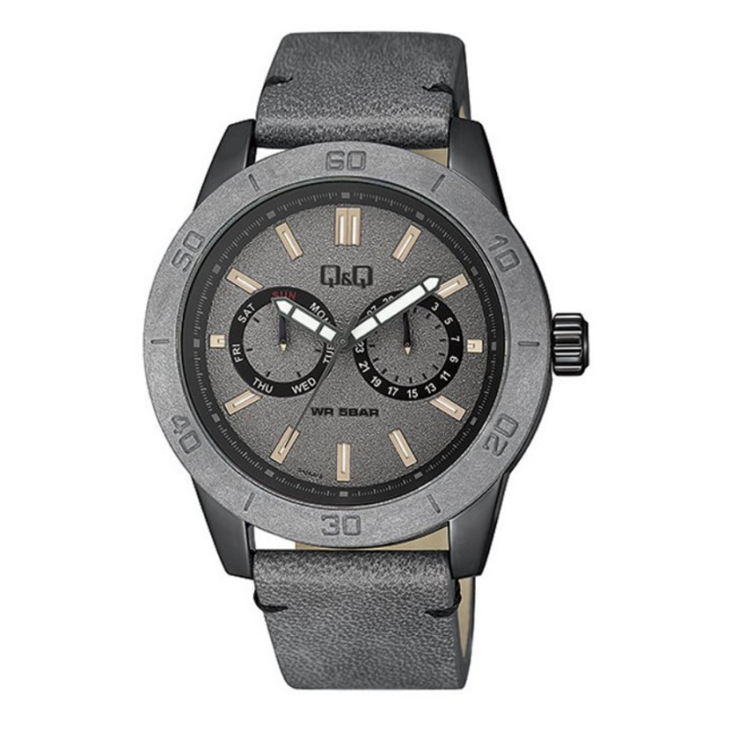 Montre Q&Q Homme - Bracelet Gris En Cuir Véritable - Etanche - 12 mois de garantie - AA34J512Y