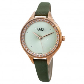 Montre Q&Q Femme - Bracelet Vert En Cuir Véritable - Etanche - 12 mois de garantie - QB73J122Y