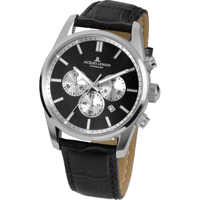 Montre Homme Jacques Lemans 42-6.1A - Bracelet Noir En Cuir Véritable - Résistance à l'eau 100 Mètres