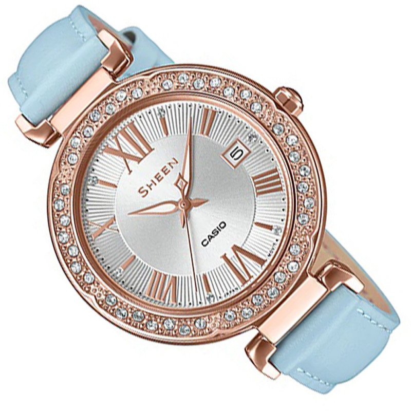 Montre Femme Casio Sheen - SHE-4057PGL-7BUDF - Bracelet Bleu en Cuir Véritable - Résistante à l'eau