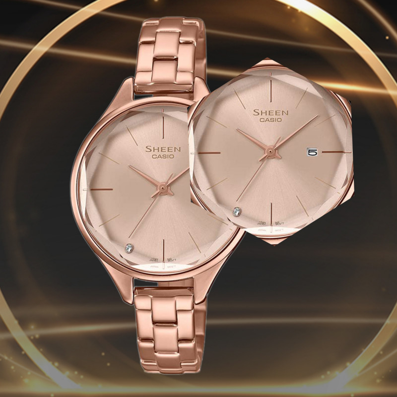 Montre Femme Casio Sheen SHE-4062PG-4AUDF - Bracelet Doré Rose En Acier Inoxydable - Résistance à l'eau 50 Mètres