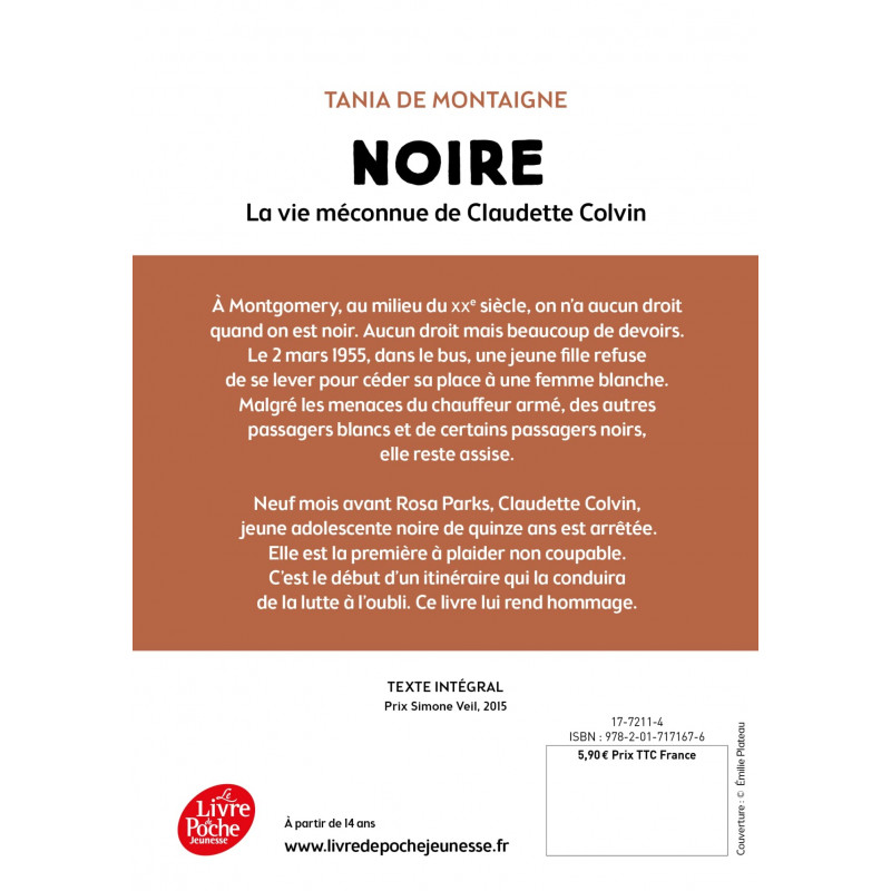 Noire - La vie méconnue de Claudette Colvin - 6-9 ans - Poche - Librairie de France