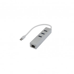 Hub USB 3.0 Type-C vers 3 USB-A + RJ45 gigabit Mâle/Femelle métal gris