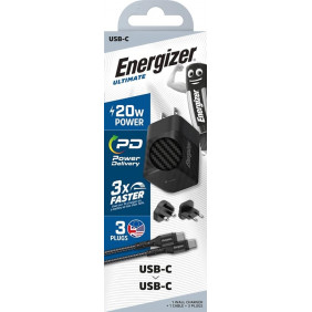 Energizer - Chargeur Rapide USB-C 20W - avec Câble USB-C - 3 Prises Incluses (EU/US/UK) - Noir