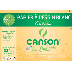 CANSON "C" à Grain - Pochette 12 feuilles de papier dessin A4 - 224g/m² - Blanc