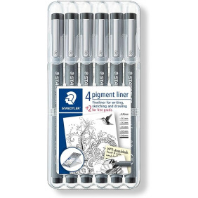 Staedtler Pigment Liner, Feutres de dessin à encre pigmentée noire infalsifiable, Étui chevalet avec 6 feutres assortis