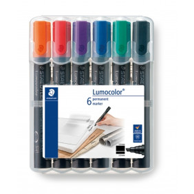 Marqueurs lumocolor à pointe cisel permanente STAEDTLER 350-WP6 dans un portefeuille de 6 couleurs assorties