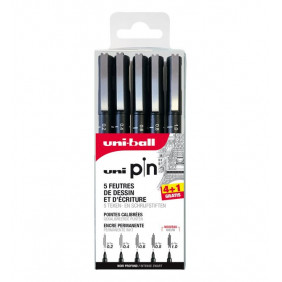 UNI BALL  5 feutres de dessin et d'écriture pointes calibrées noir profond