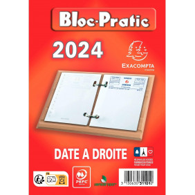 Exacompta Bloc-Pratic 2024, Bloc éphéméride Date à Droite, 8,2x12cm Sans Support