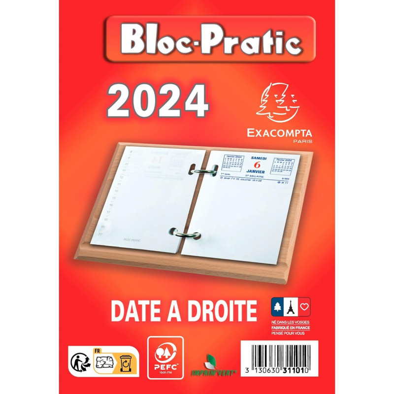Exacompta Bloc-Pratic 2024, Bloc éphéméride Date à Droite, 8,2x12cm Sans  Support