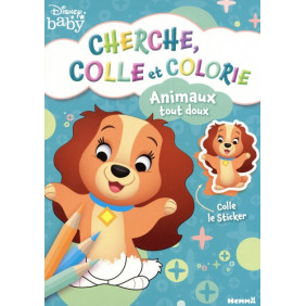Disney Baby - Cherche, colle et colorie - Animaux tout doux - Livre de coloriage avec stickers - Dès 3 ans
