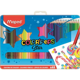 Maped - Crayons de Couleur Color'Peps - 48 Couleurs Vives - Crayon Triangulaire Ergonomique - Boîte Métal de 48 Crayons en Bois