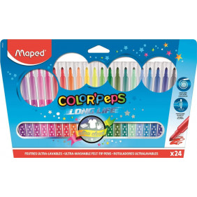 Maped - Feutres Long Life - 24 Feutres de Coloriage Ultra-lavables et Longue Durée - Pointe Moyenne Bloquée