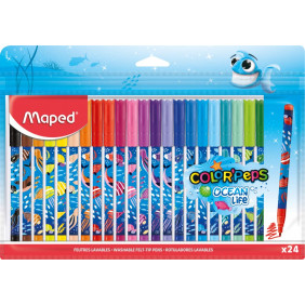 Maped - Feutres Ocean Life Color'Peps - 24 Feutres de Coloriage Fun et Originaux décorées Océan - Encre Lavable - Pointe Moyenne