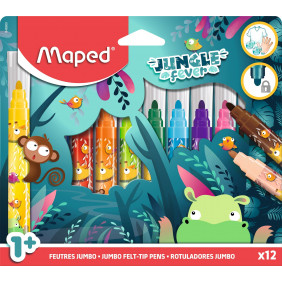 Maped Jungle Fever - 12 Feutres JUMBO en pochette carton - Pointe sécurisée et bloquée