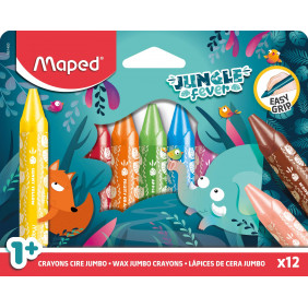 Maped - 12 Craies de coloriage Maxi Jungle Fever - Crayons de cire enfant - Crayon à la cire pour bébé dès 1 an